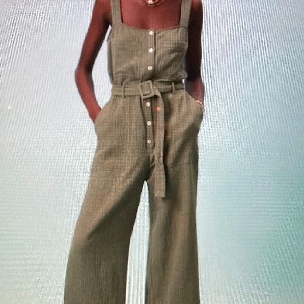 Zara Olive Green Jumpsuit Gauze Button Down Belted  Women Size M